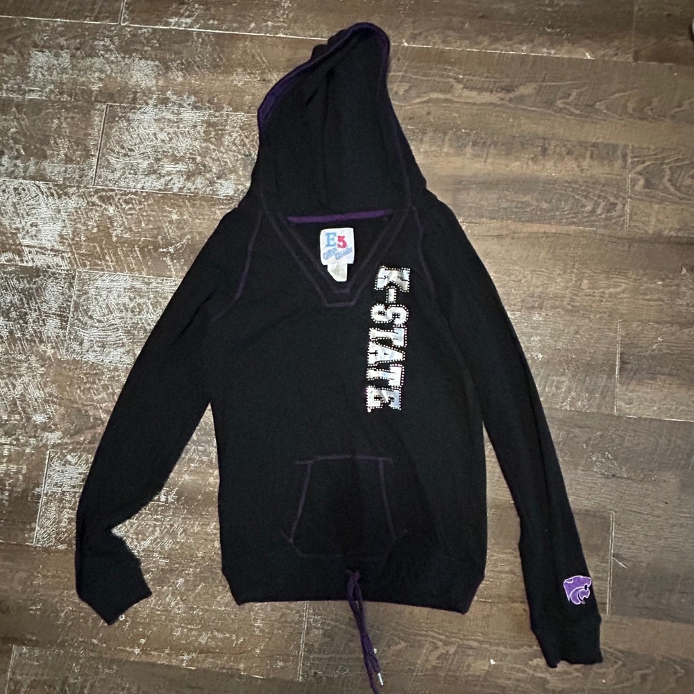 E5 College Classics K-State Rhinestone Hoodie Black Y2K V-Neck Sweatshirt Womens